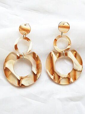 NEW Brown and White Modernist Circle Drop Acrylic Statement Earrings